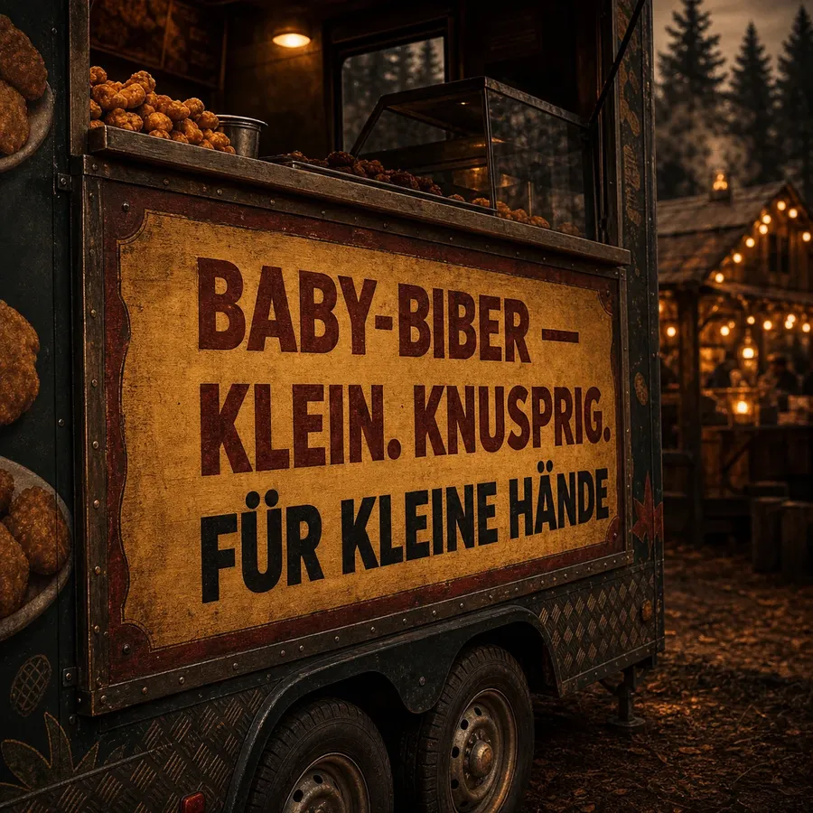 Schild am Foodtruck: Baby-Biber — klein, knusprig, für kleine Hände